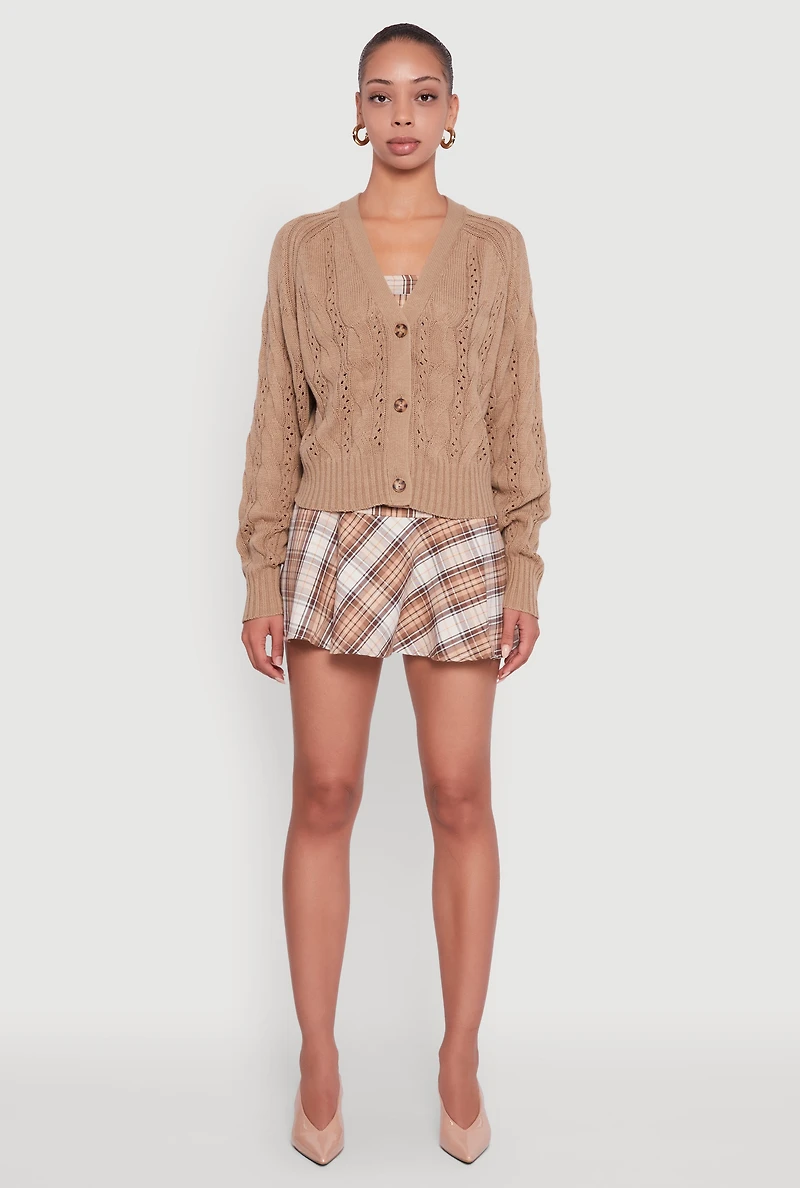 Womens Pointelle Detail Cable Knit Button Front Cardigan,