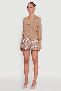 Womens Pointelle Detail Cable Knit Button Front Cardigan, Beige,