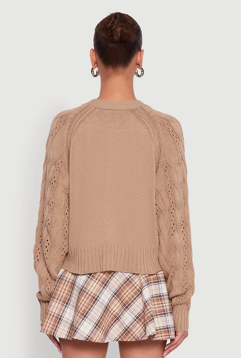 Womens Pointelle Detail Cable Knit Button Front Cardigan, Beige, Size L