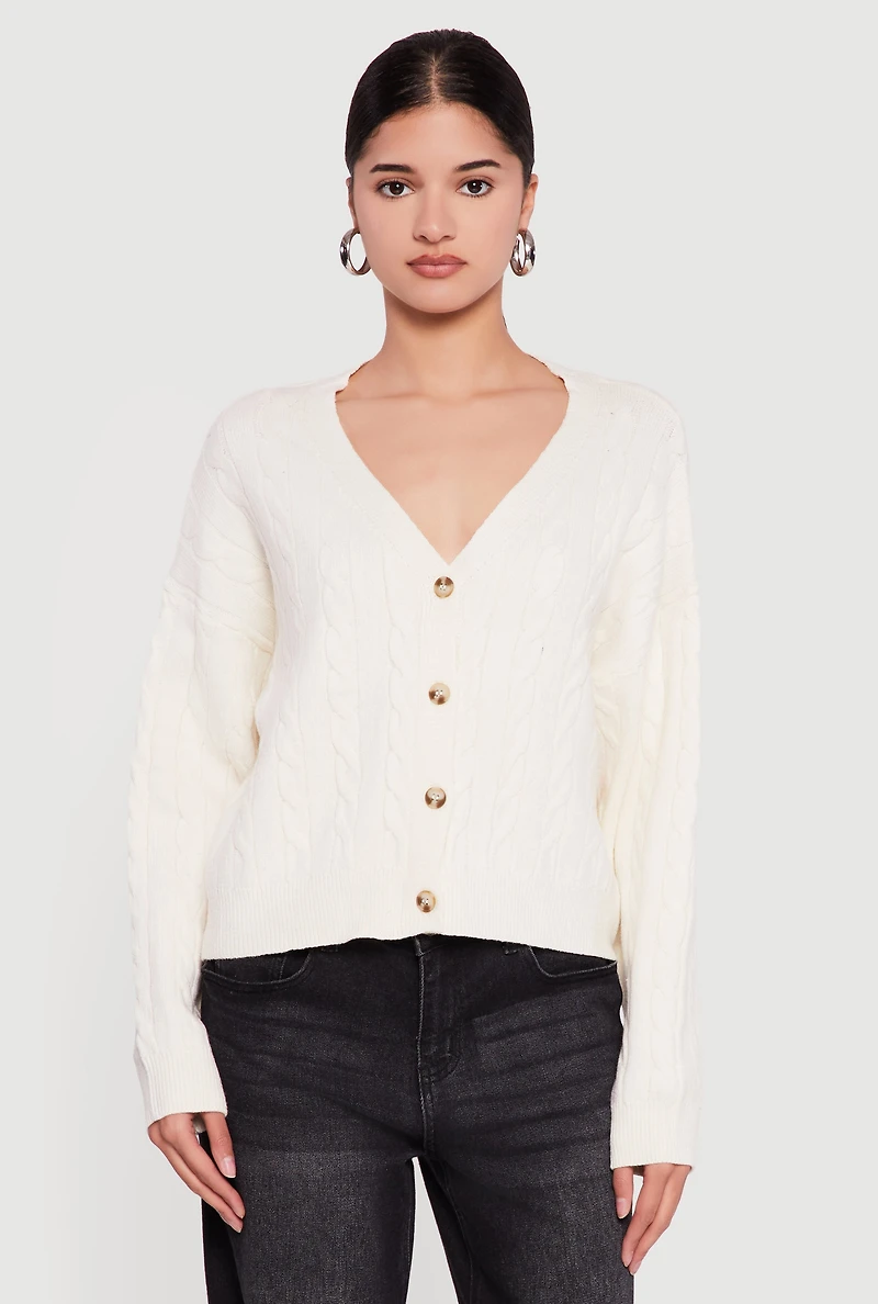 Cable Knit Long Sleeve V-Neck Cardigan