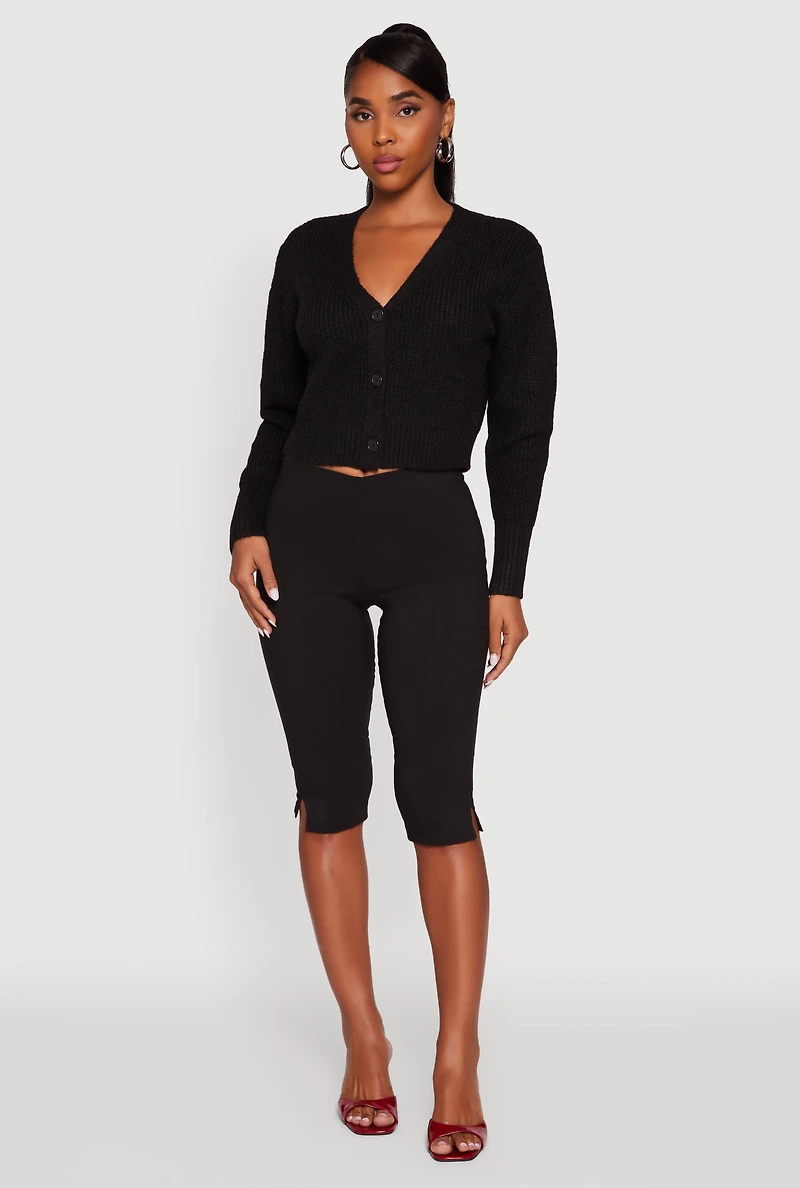 Womens Classic Fit Button Front Cropped Cardigan, Black, Size S