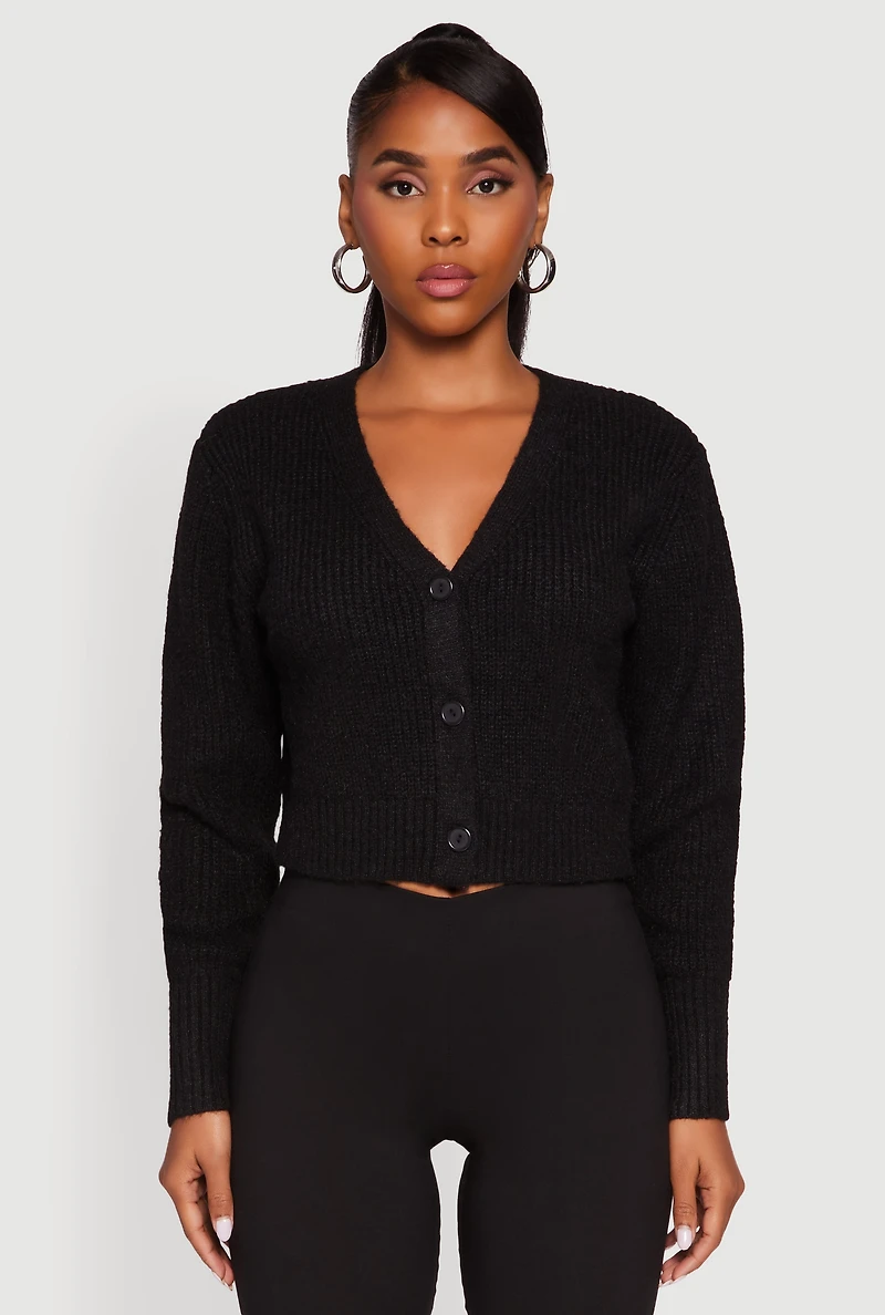 Womens Classic Fit Button Front Cropped Cardigan, Black, Size S