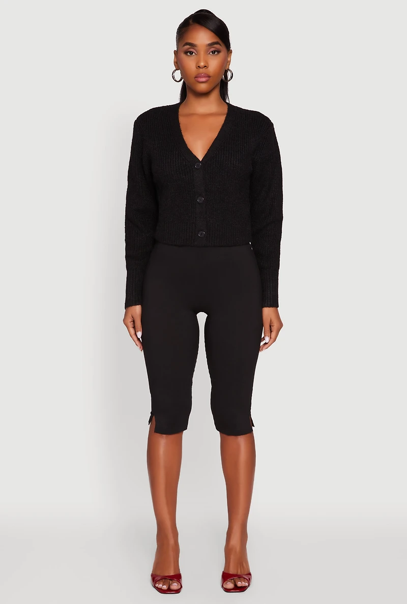 Womens Classic Fit Button Front Cropped Cardigan, Black, Size M