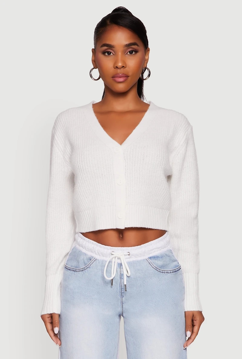 Womens Classic Fit Button Front Cropped Cardigan, White,