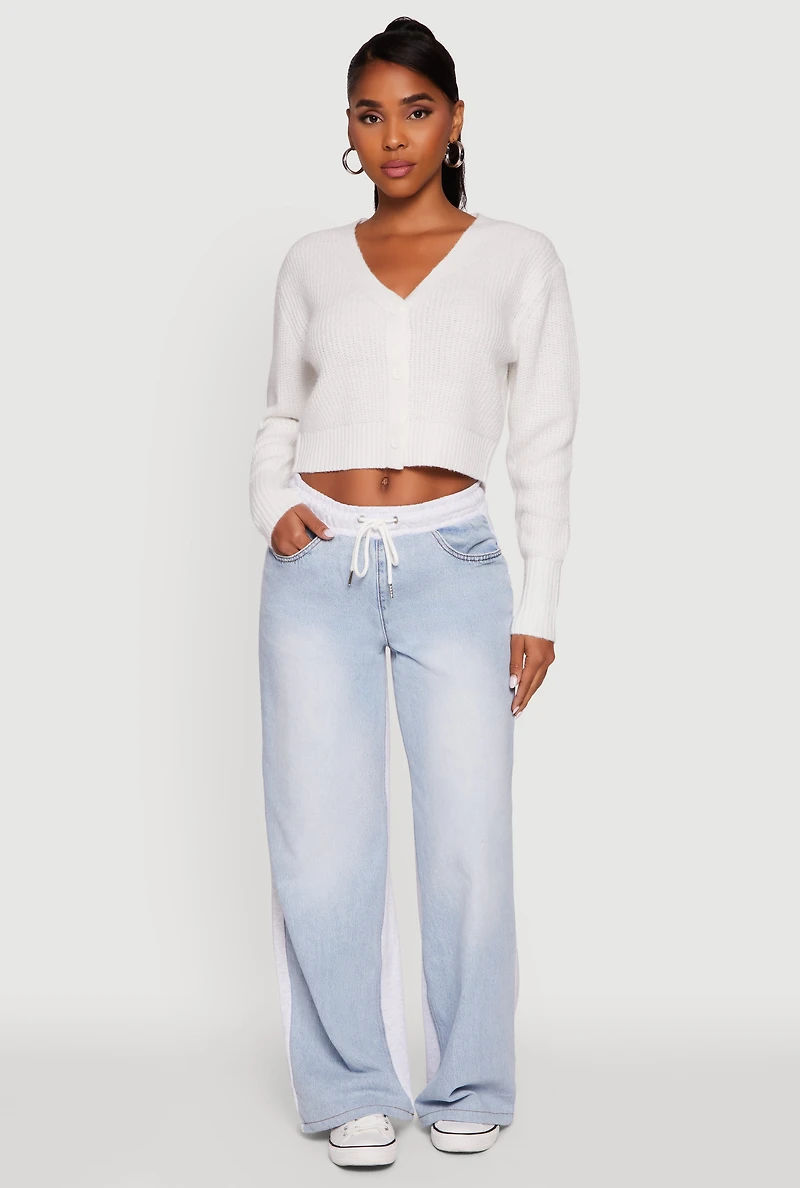 Womens Classic Fit Button Front Cropped Cardigan, White,