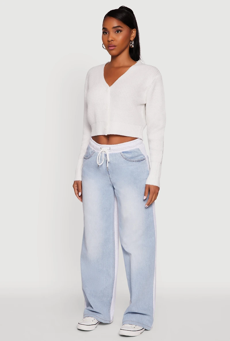 Womens Classic Fit Button Front Cropped Cardigan, White,