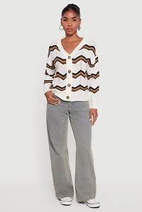 Pointelle Chevron Stripe Button Front Cardigan
