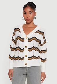 Womens Pointelle Chevron Stripe Button Front Cardigan, White, Size S