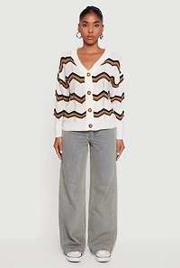 Pointelle Chevron Stripe Button Front Cardigan