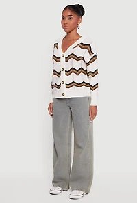 Pointelle Chevron Stripe Button Front Cardigan