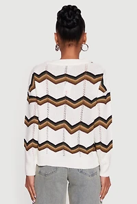 Pointelle Chevron Stripe Button Front Cardigan