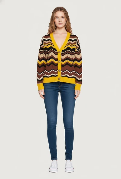 Womens Pointelle Chevron Stripe Button Front Cardigan, Brown, Size M