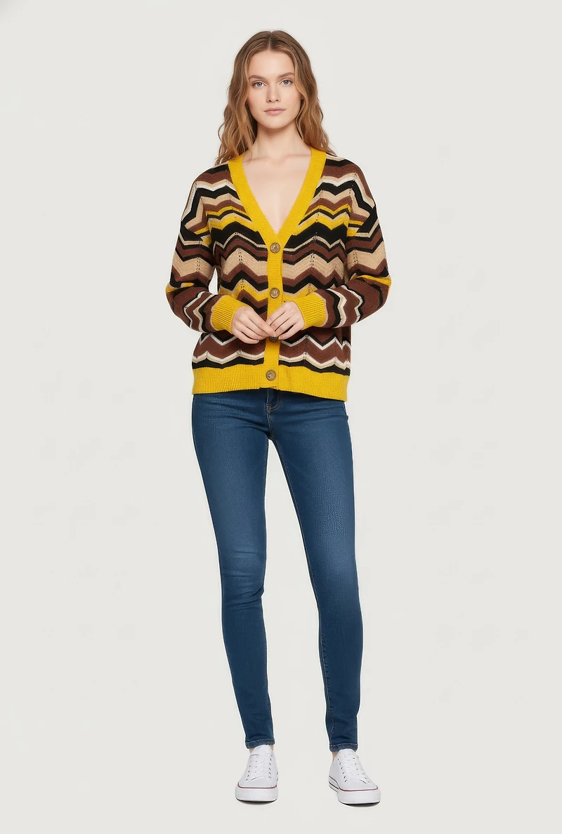 Pointelle Chevron Stripe Button Front Cardigan