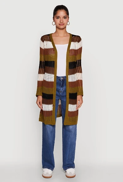 Womens Chic Crochet Long Sleeve Striped Duster, Multi, Size XL