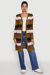Womens Chic Crochet Long Sleeve Striped Duster, Multi,