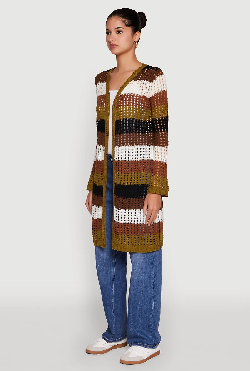 Womens Chic Crochet Long Sleeve Striped Duster, Multi,
