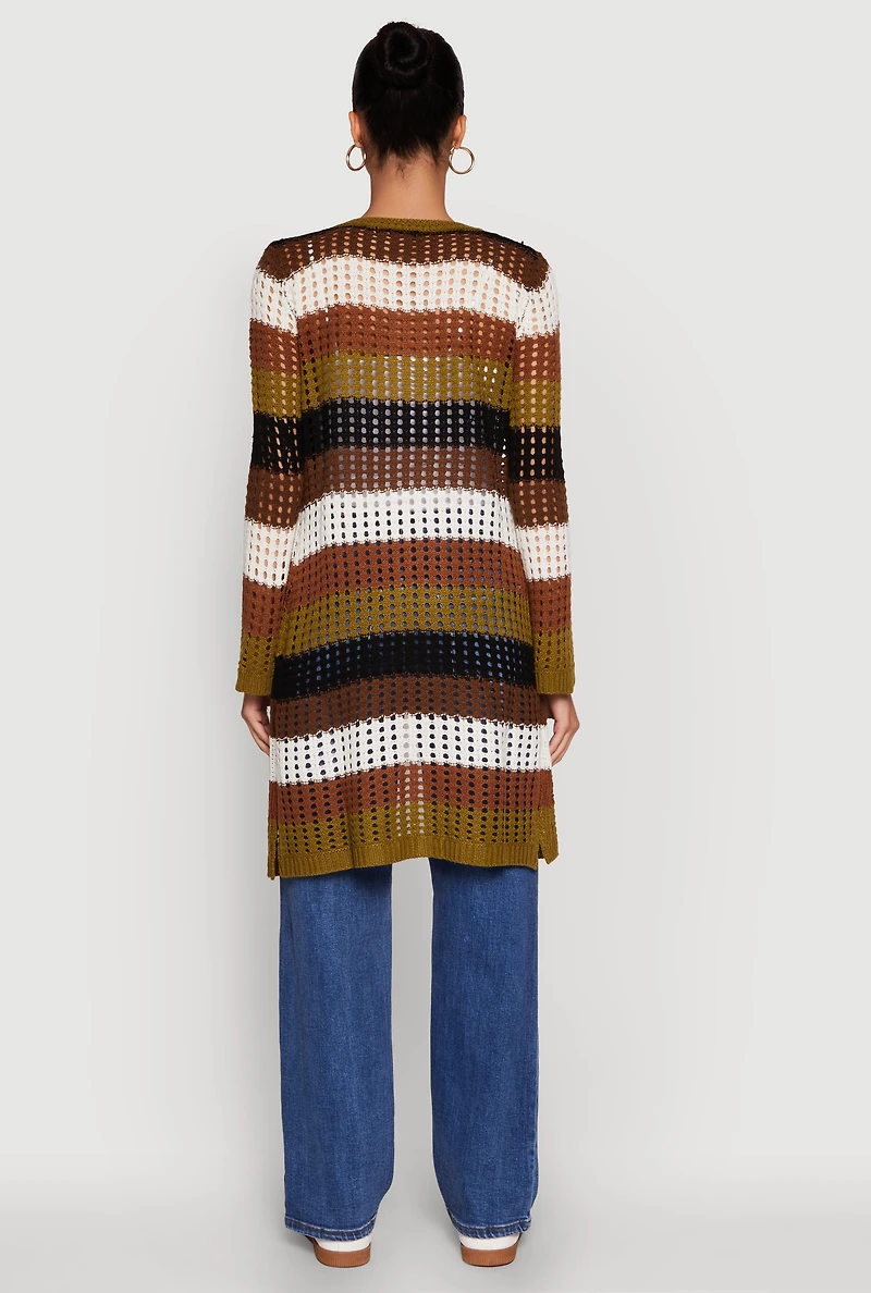 Womens Chic Crochet Long Sleeve Striped Duster, Multi,