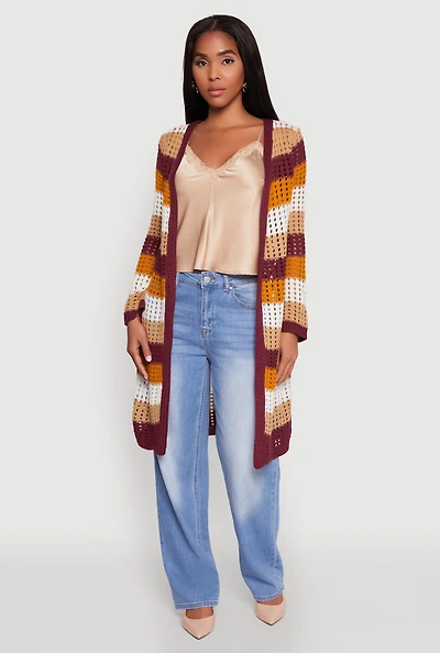 Womens Chic Crochet Long Sleeve Striped Duster, Multi, Size S