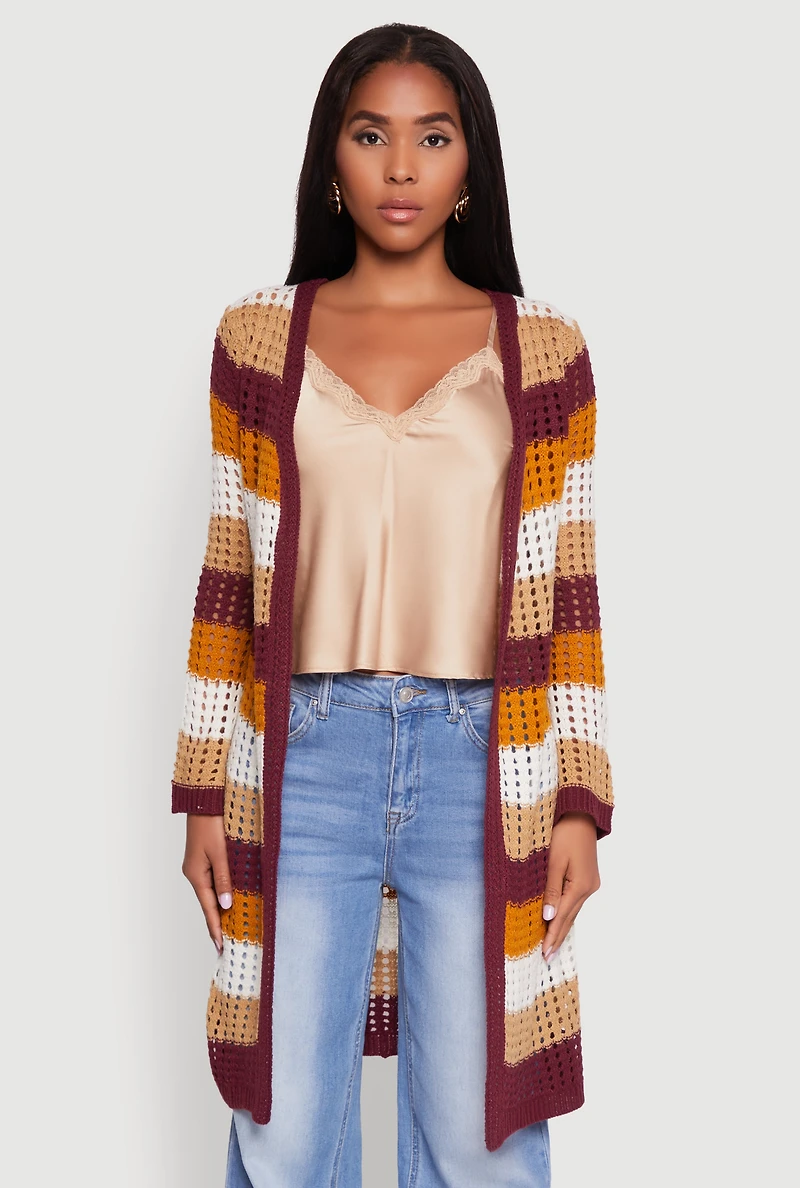 Womens Chic Crochet Long Sleeve Striped Duster, Multi, Size S