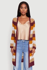 Womens Chic Crochet Long Sleeve Striped Duster, Multi, Size S