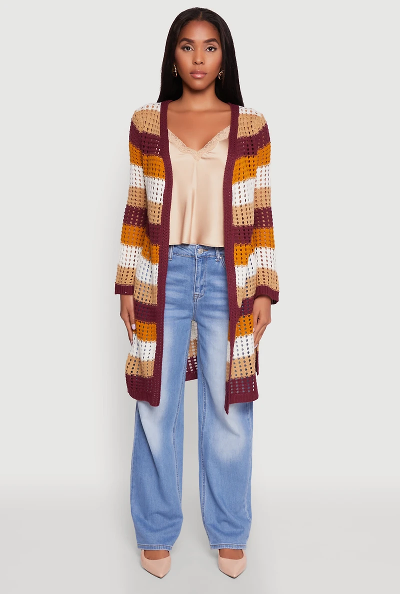 Womens Chic Crochet Long Sleeve Striped Duster, Multi, Size S
