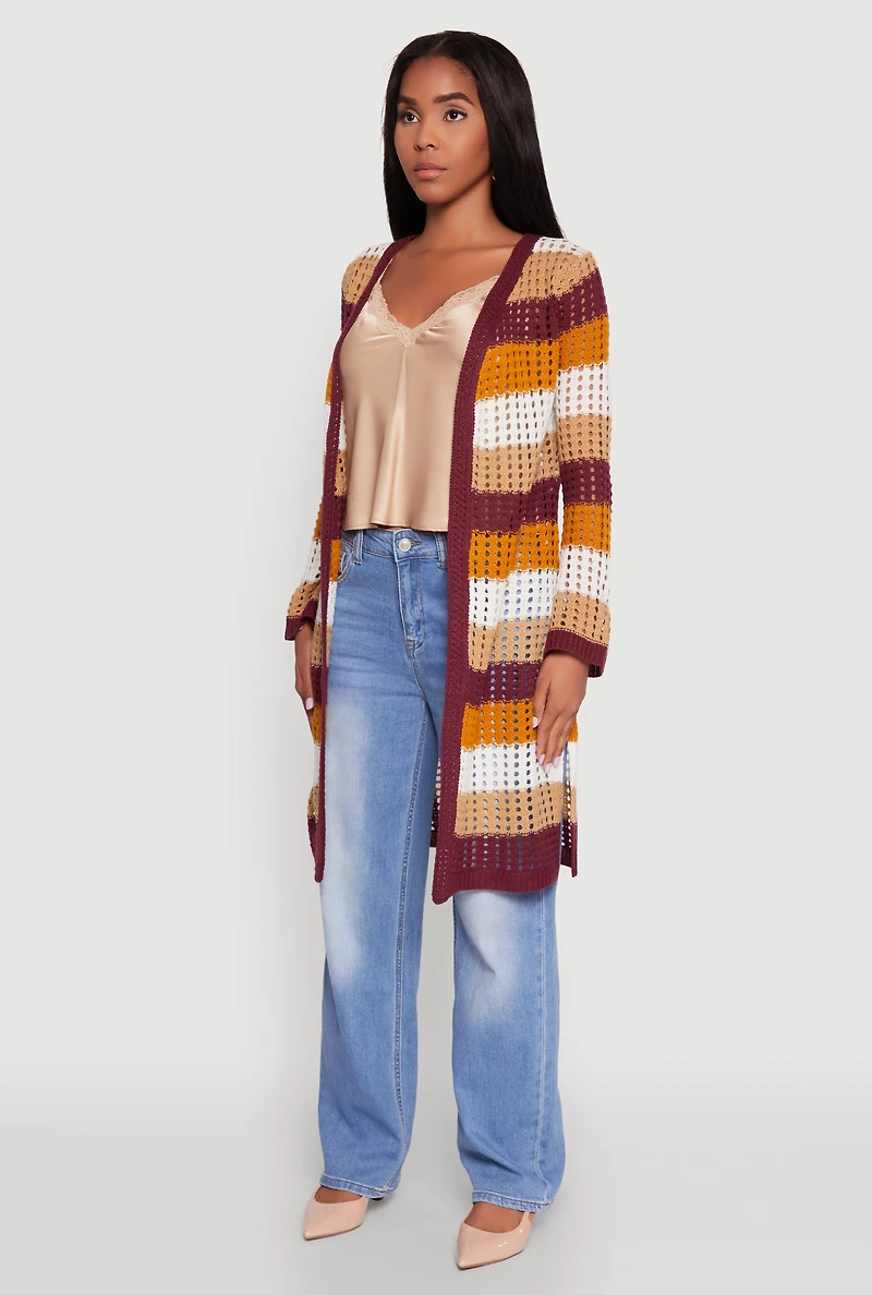 Womens Chic Crochet Long Sleeve Striped Duster, Multi, Size S