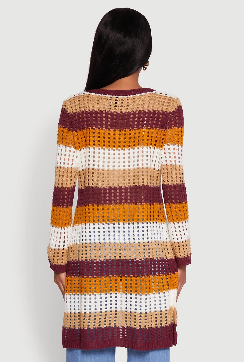 Womens Chic Crochet Long Sleeve Striped Duster, Multi, Size S