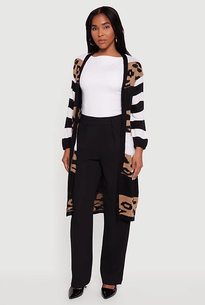 Color Block Leopard Print Open Front Long Cardigan