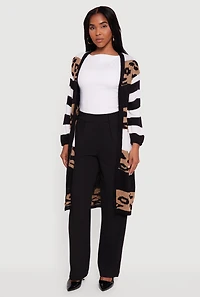Color Block Leopard Print Open Front Long Cardigan
