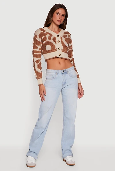 Womens Swirl Print Boucle Cropped Button Front Cardigan, Multi, Size M