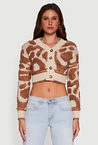 Womens Swirl Print Boucle Cropped Button Front Cardigan, Multi, Size S