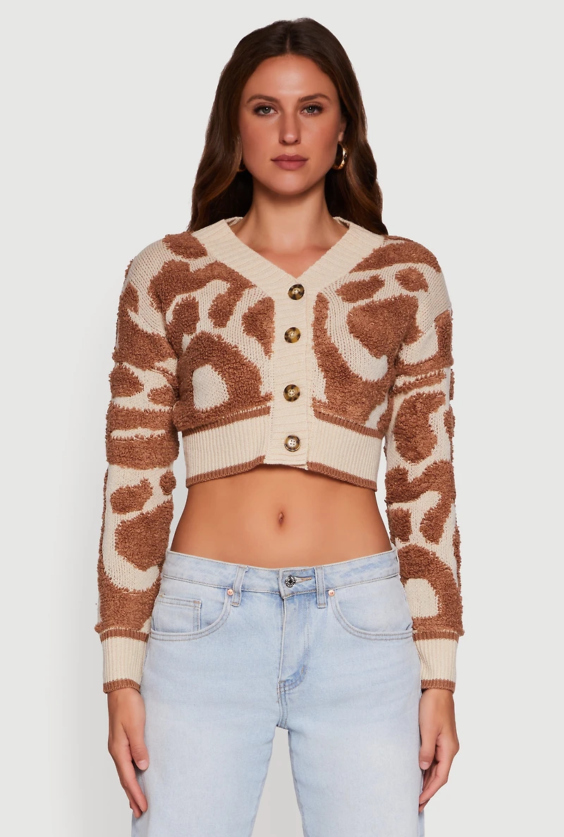 Womens Swirl Print Boucle Cropped Button Front Cardigan, XL