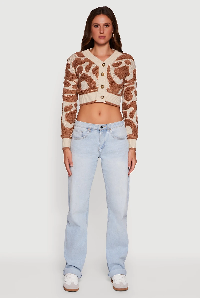 Womens Swirl Print Boucle Cropped Button Front Cardigan, Multi, Size S