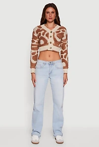 Womens Swirl Print Boucle Cropped Button Front Cardigan, Multi, Size M