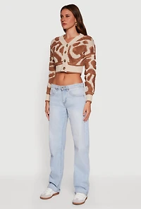 Womens Swirl Print Boucle Cropped Button Front Cardigan, Multi, Size M