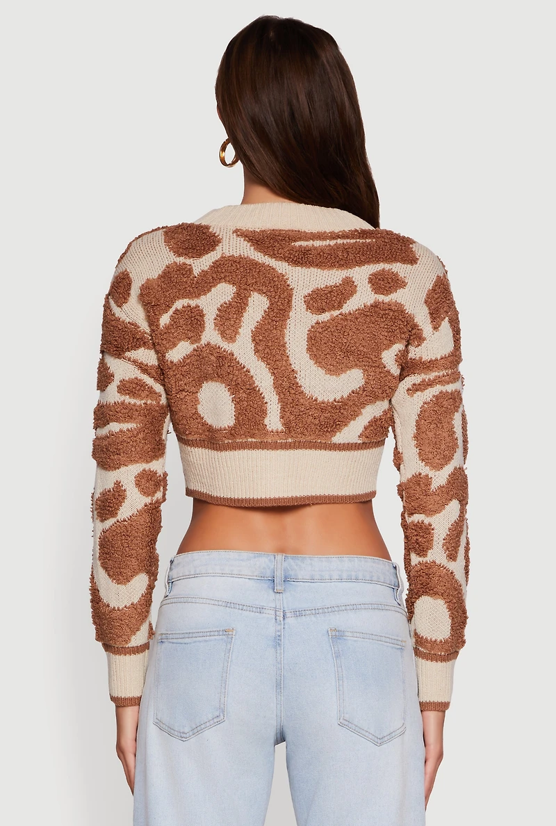 Womens Swirl Print Boucle Cropped Button Front Cardigan, Multi, Size M