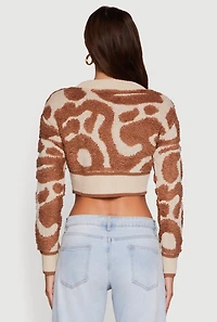 Womens Swirl Print Boucle Cropped Button Front Cardigan, Multi, Size M