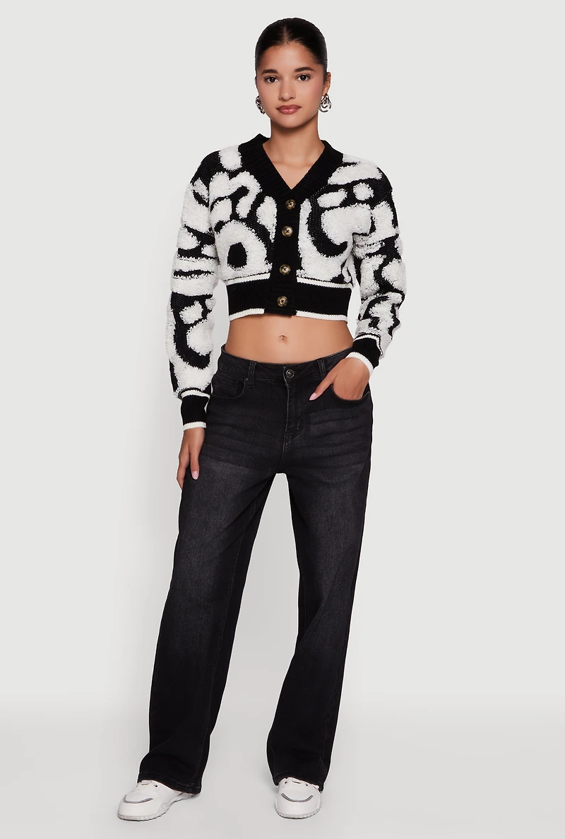 Swirl Print Boucle Cropped Button Front Cardigan