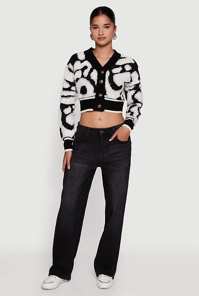 Swirl Print Boucle Cropped Button Front Cardigan