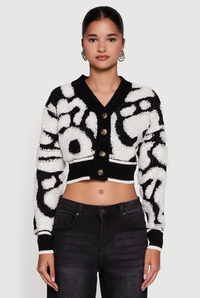 Womens Swirl Print Boucle Cropped Button Front Cardigan, Multi, Size S