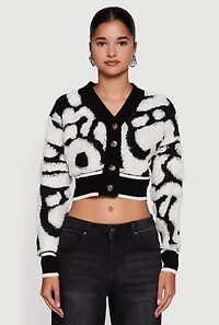 Swirl Print Boucle Cropped Button Front Cardigan