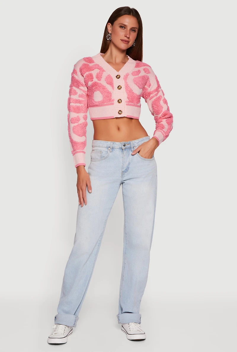 Womens Swirl Print Boucle Cropped Button Front Cardigan, Pink, Size L