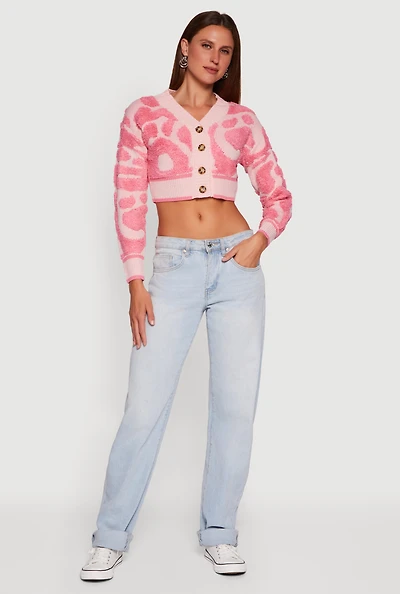 Womens Swirl Print Boucle Cropped Button Front Cardigan, Pink, Size L