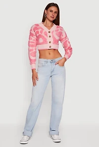 Womens Swirl Print Boucle Cropped Button Front Cardigan, Pink, Size L