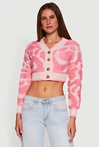 Womens Swirl Print Boucle Cropped Button Front Cardigan, Pink, Size L