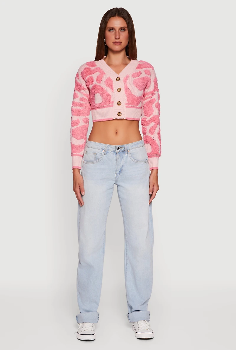 Womens Swirl Print Boucle Cropped Button Front Cardigan, Pink, Size L