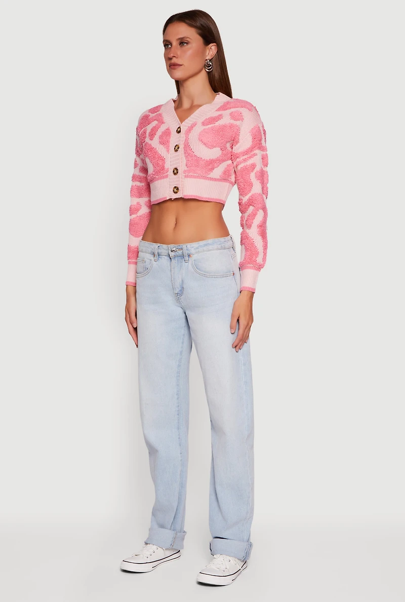 Womens Swirl Print Boucle Cropped Button Front Cardigan, Pink, Size L