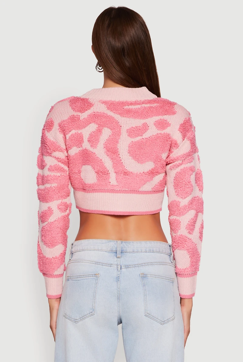Womens Swirl Print Boucle Cropped Button Front Cardigan, Pink, Size L