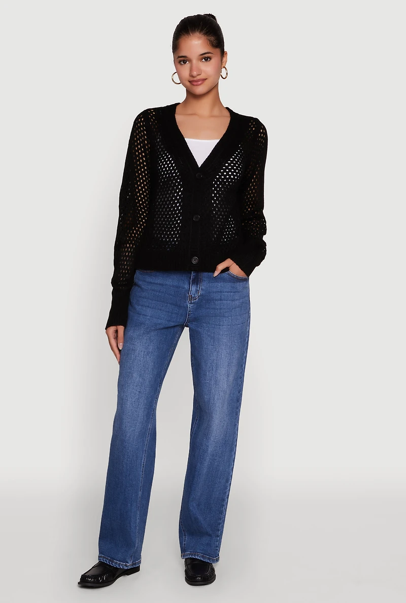 Womens Chic Crochet Long Sleeve Button Front Cardigan, Black,