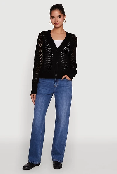Womens Chic Crochet Long Sleeve Button Front Cardigan, Black,